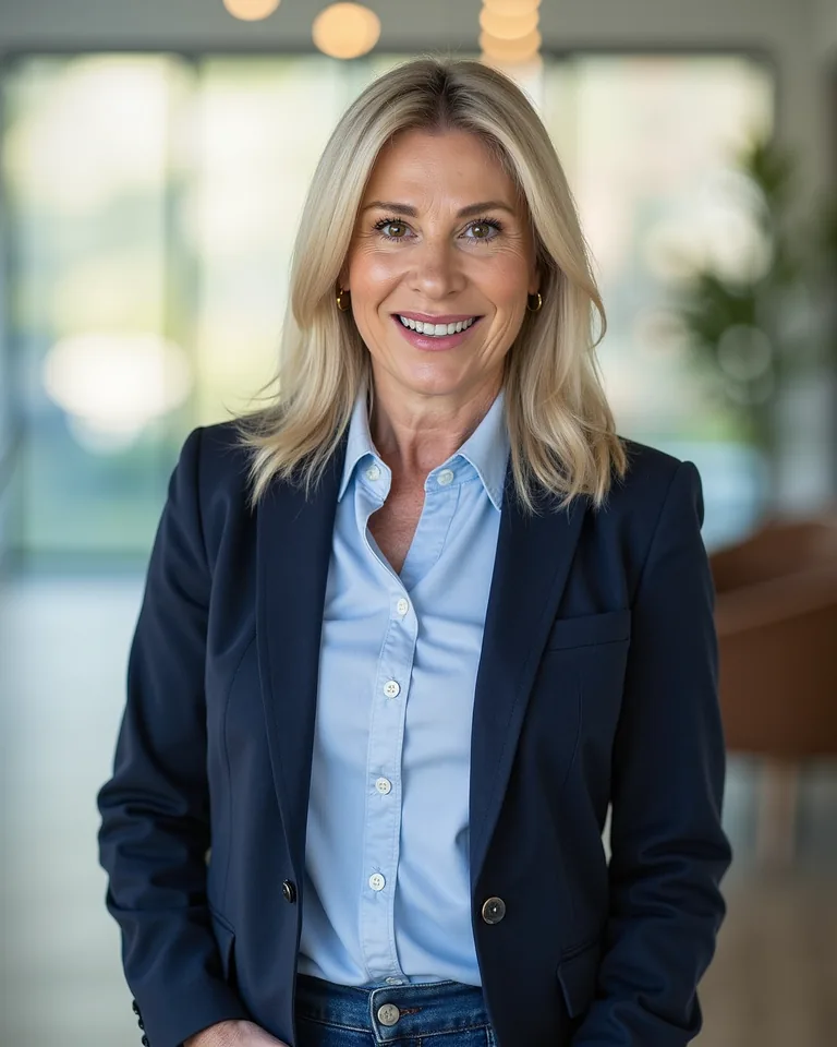 Portrait of René Van Delft wearing a navy blazer in a bright office.