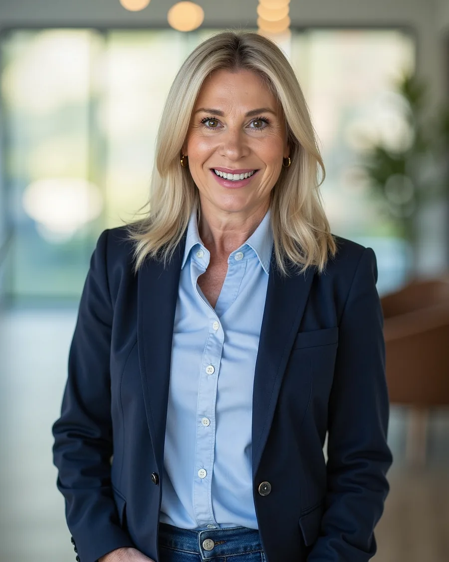 Portrait of René Van Delft wearing a navy blazer in a bright office.